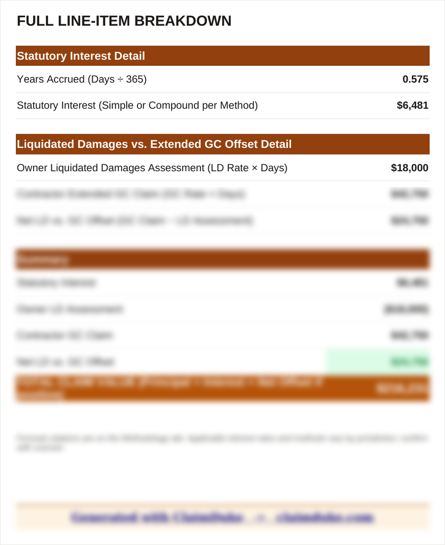 Full Line-Item Breakdown sheet from the ClaimDuke Litigation Interest Excel workbook, showing each intermediate calculation step with a summary and total.